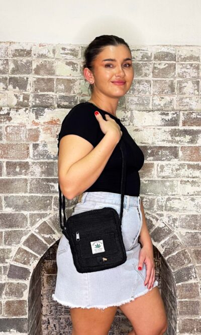 black hemp passport bag with shoulder strap