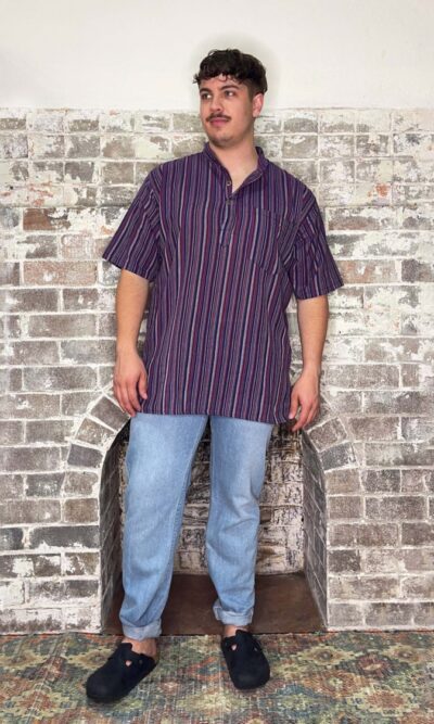 purple striped cotton kurta shirt short sleeve