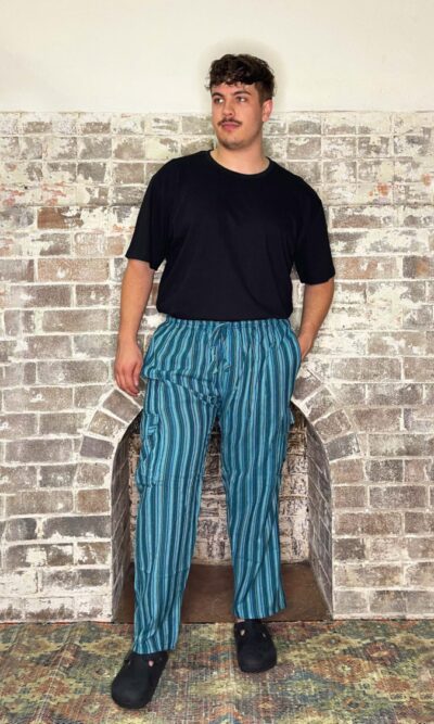 Turquoise blue Striped cotton Cargo hippy Pants